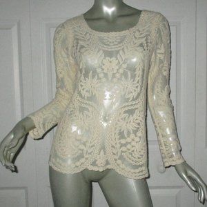 EXPRESS Cream Embroidered Mesh Long Sleeve Top